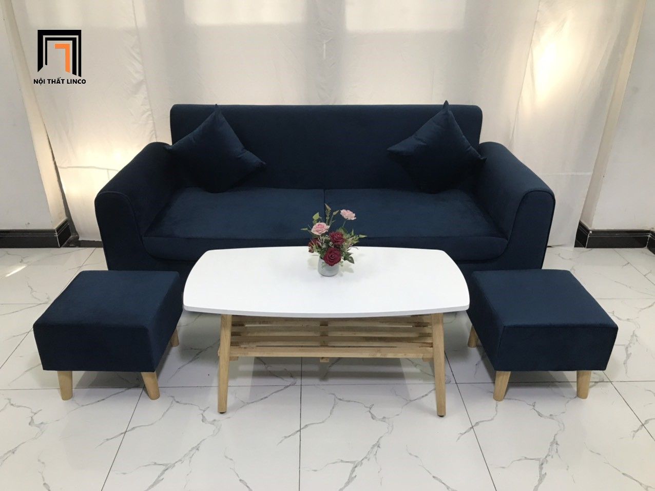 Bộ ghế sofa băng dài 1m9 NS04 màu xanh đậm vải nhung