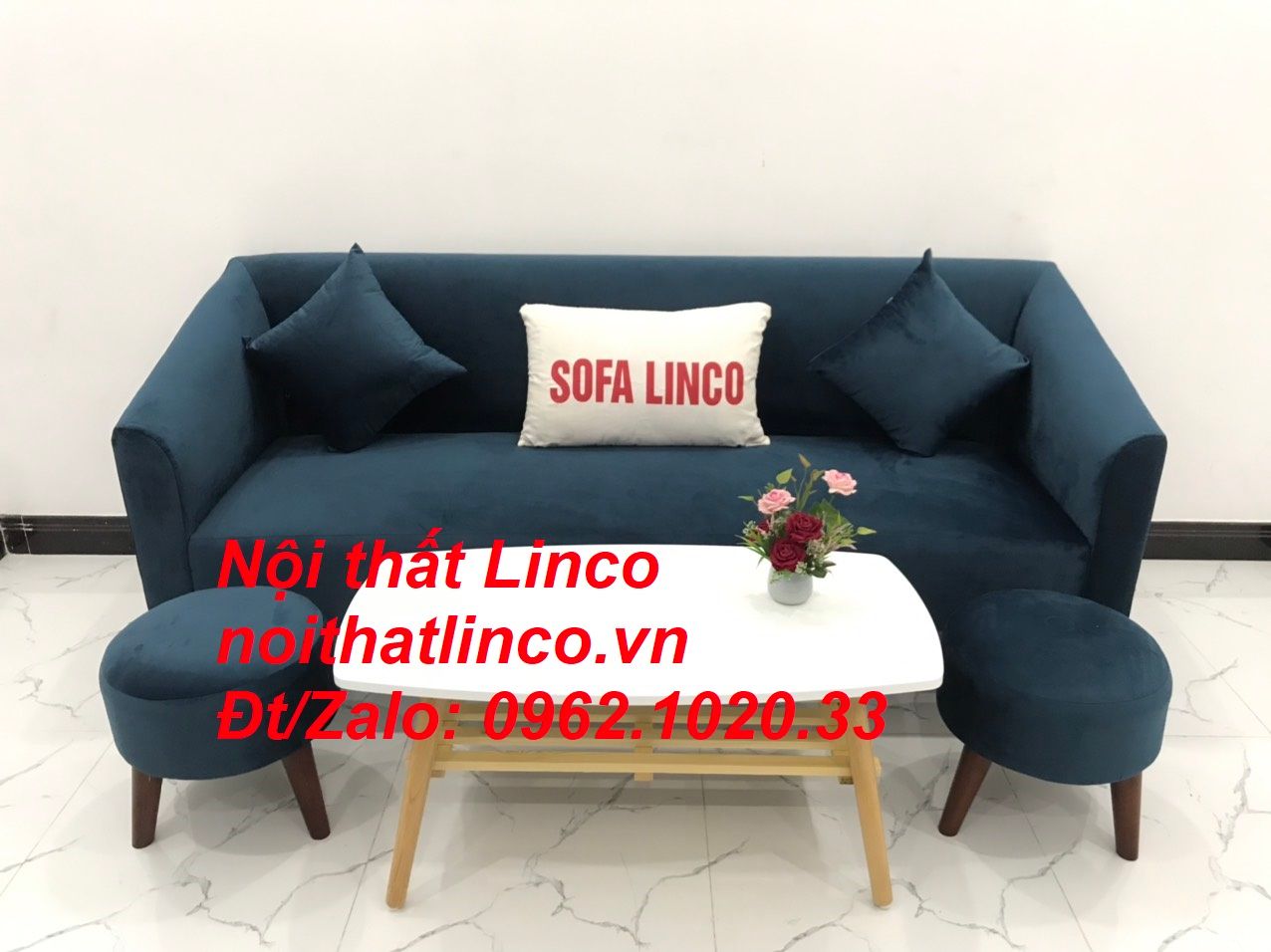 Bộ ghế sofa băng dài xanh dương đậm đen giá rẻ Nội thất Linco Sài Gòn