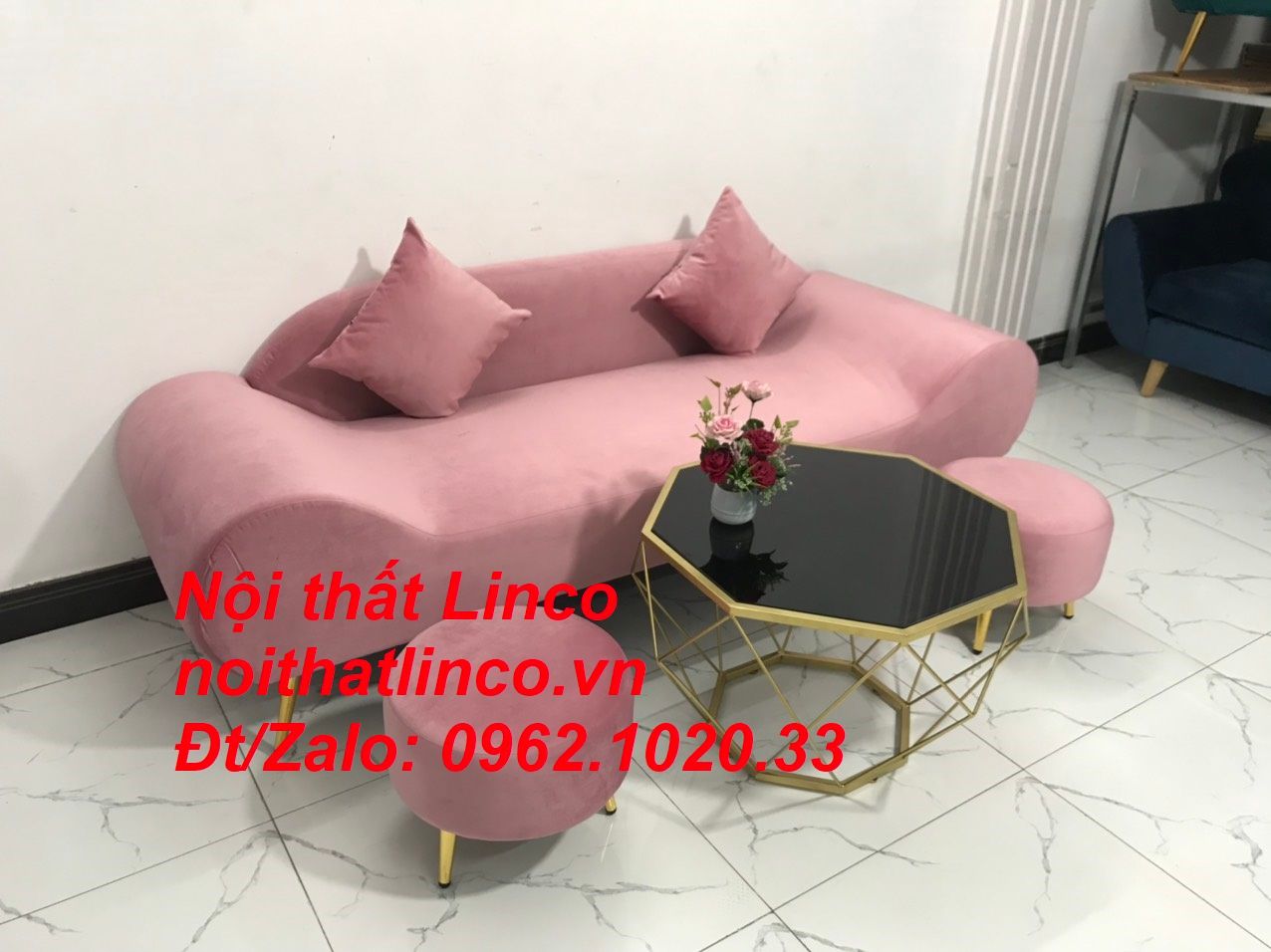 Bộ ghế sofa băng văng thuyền hồng hường cánh sen | Nội thất Linco HCM