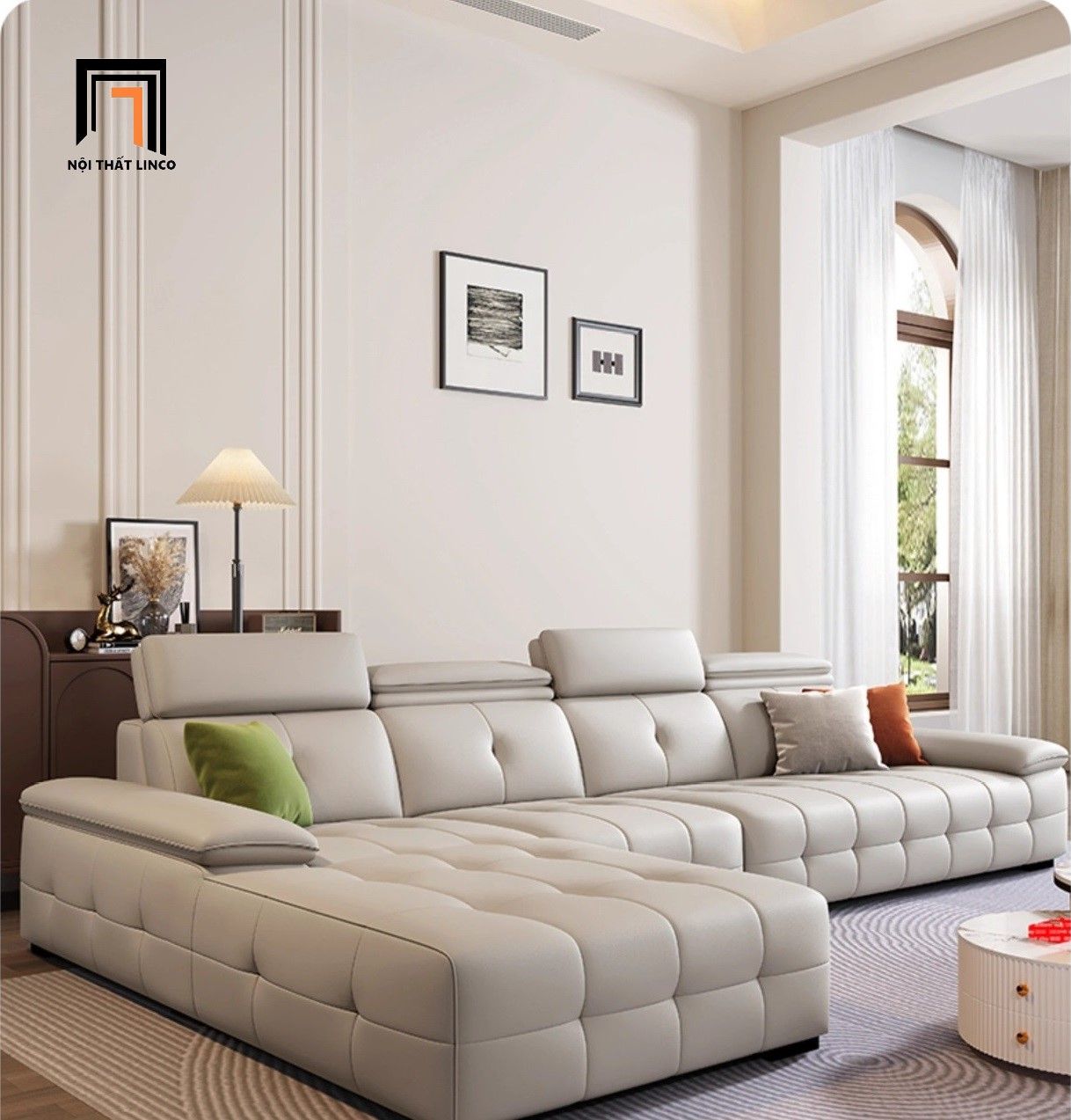 Sofa góc chữ L GT261 Palo 3m x 1m6 da công nghiệp xám trắng