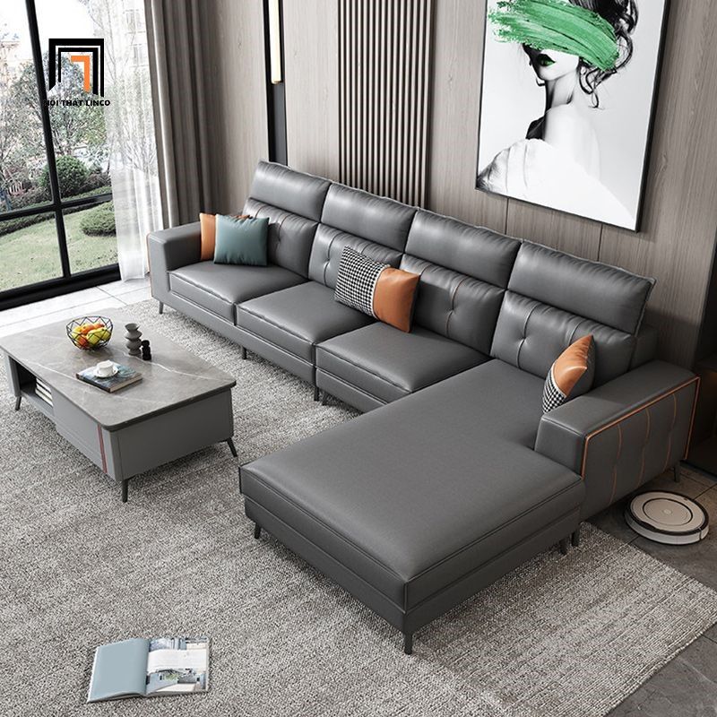 Bộ ghế sofa góc cao cấp GT224 Baschi 3m x 1m7 da giả xám đen