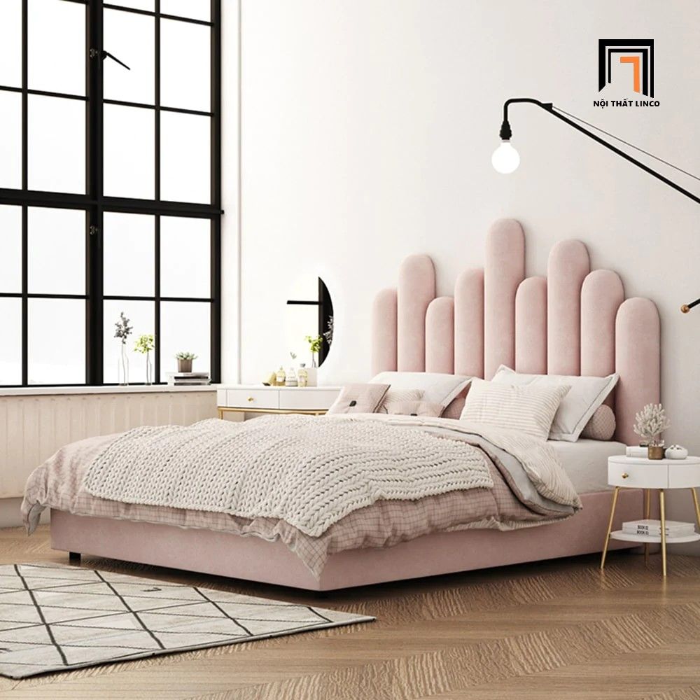 Giường ngủ dài 1m6 x 2m GN35 Nyasia vải nhung nỉ xinh xắn