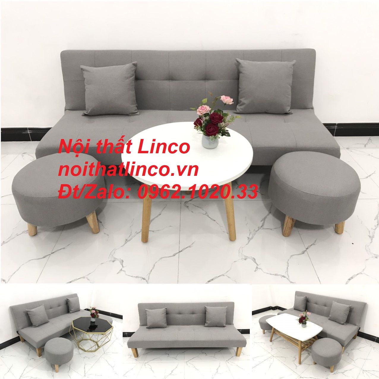Bộ bàn ghế sofa bed giường SFG diện tích nhỏ xám ghi trắng