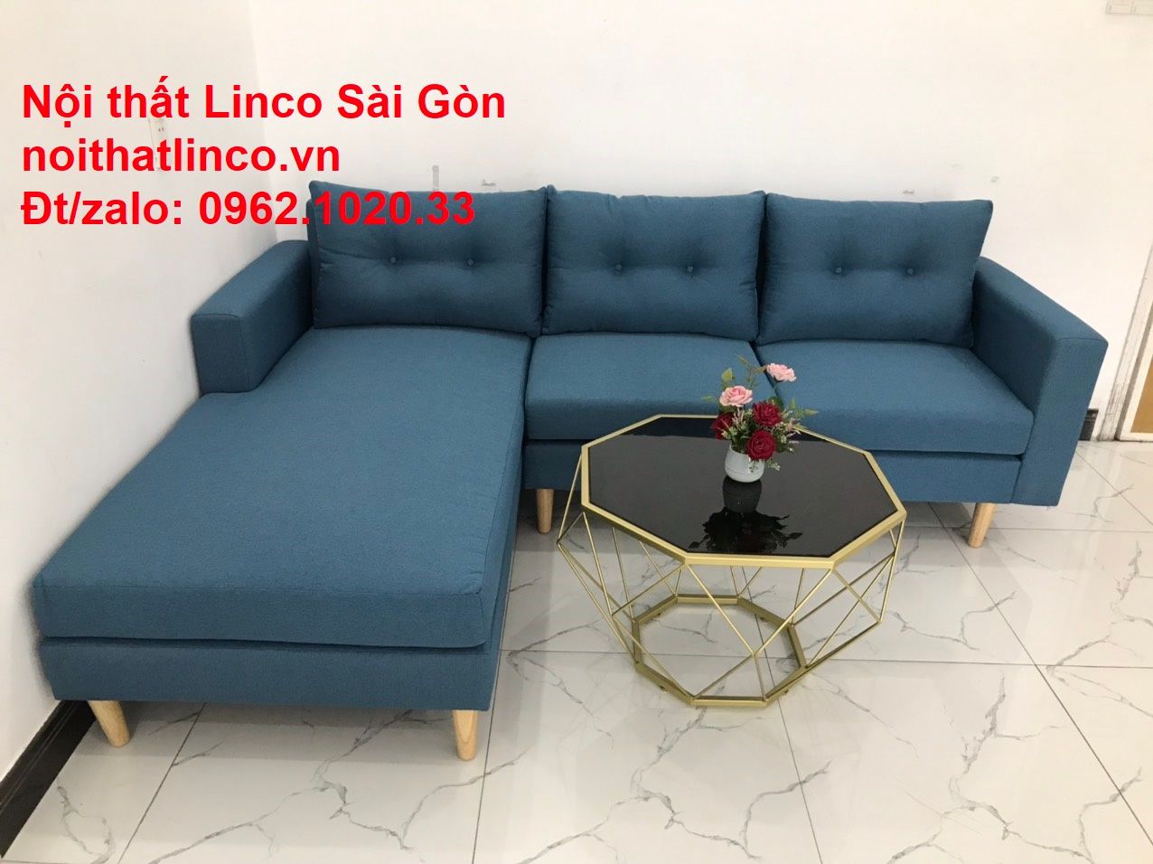 Bộ ghế sofa góc chữ L xanh dương nước biển đẹp hiện đại giá rẻ phòng khách | Nội thất Linco Tphcm
