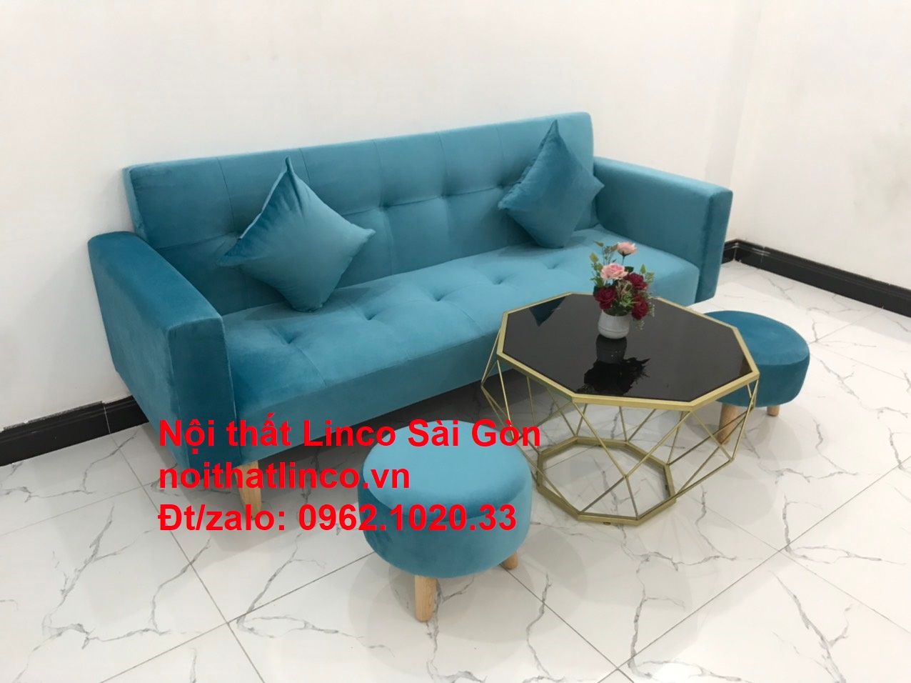 Bộ ghế sofa giường giá rẻ dài 2m màu xanh nước biển cho chung cư