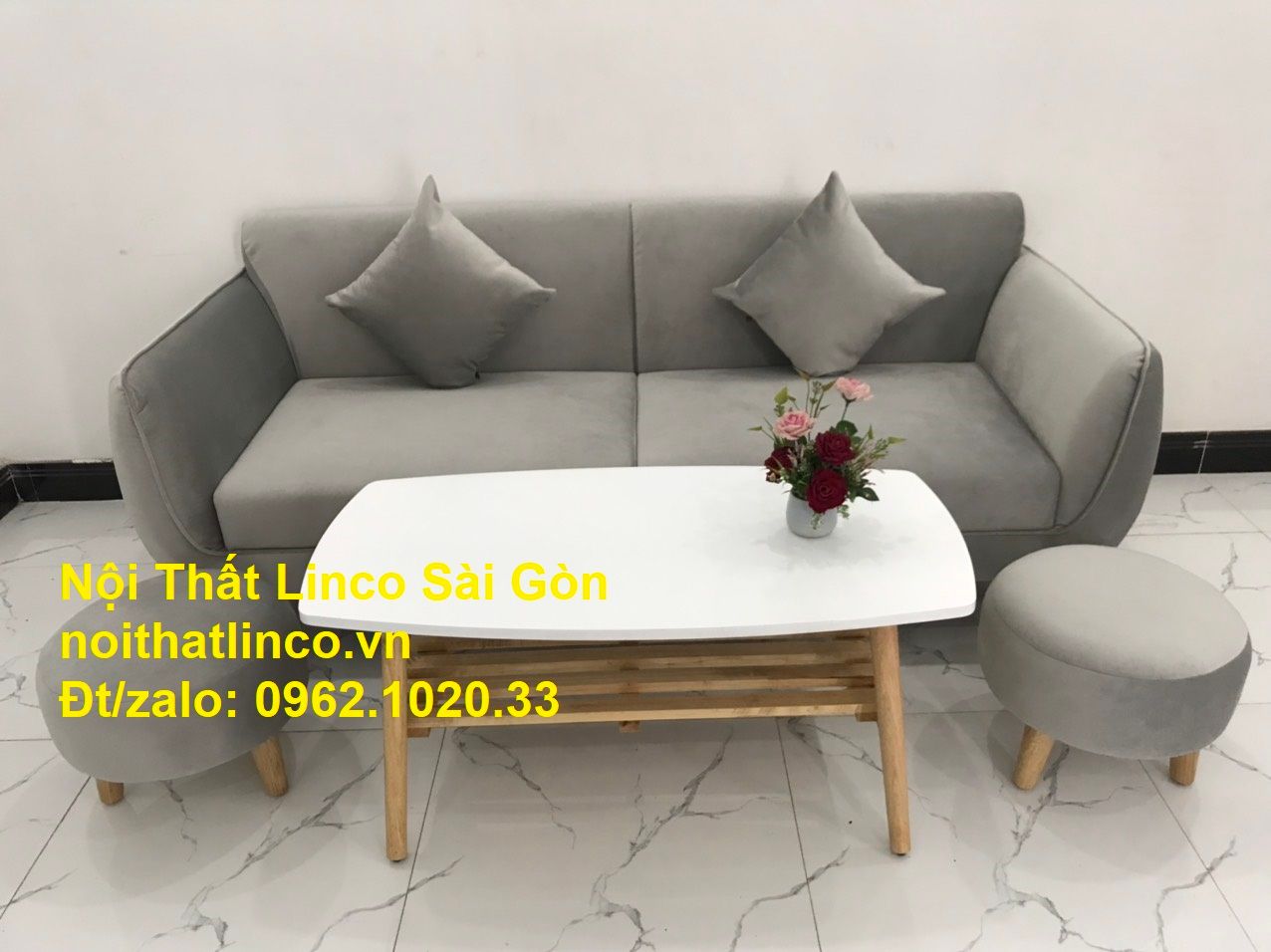 Bộ ghế salong băng dài 1m9 đẹp | Sofa văng xám lông chuột giá rẻ | Nội thất Linco Sài Gòn