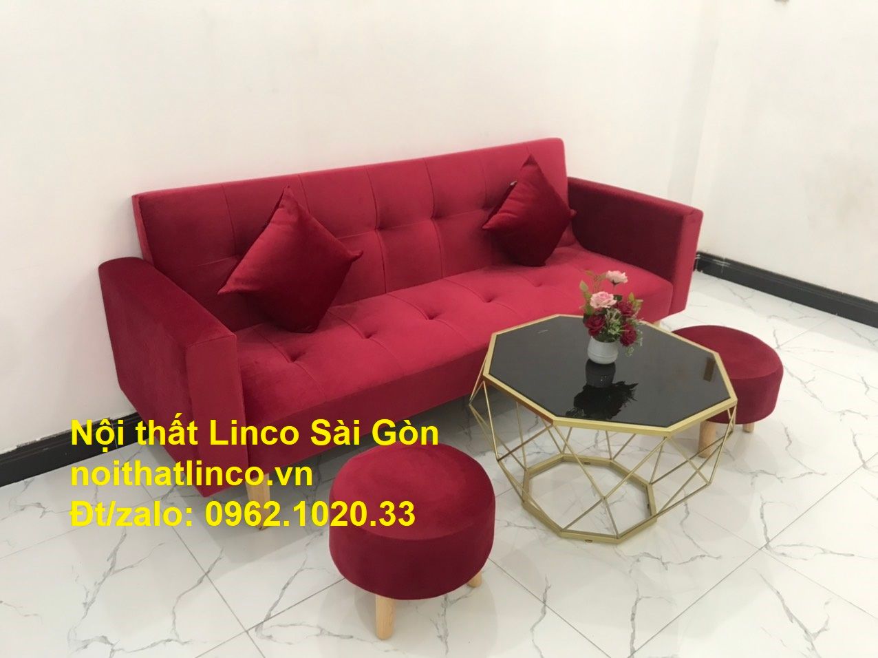 Bộ ghế sofa giường đa năng màu đỏ vải nhung rẻ đẹp | Nội thất Linco Sài Gòn