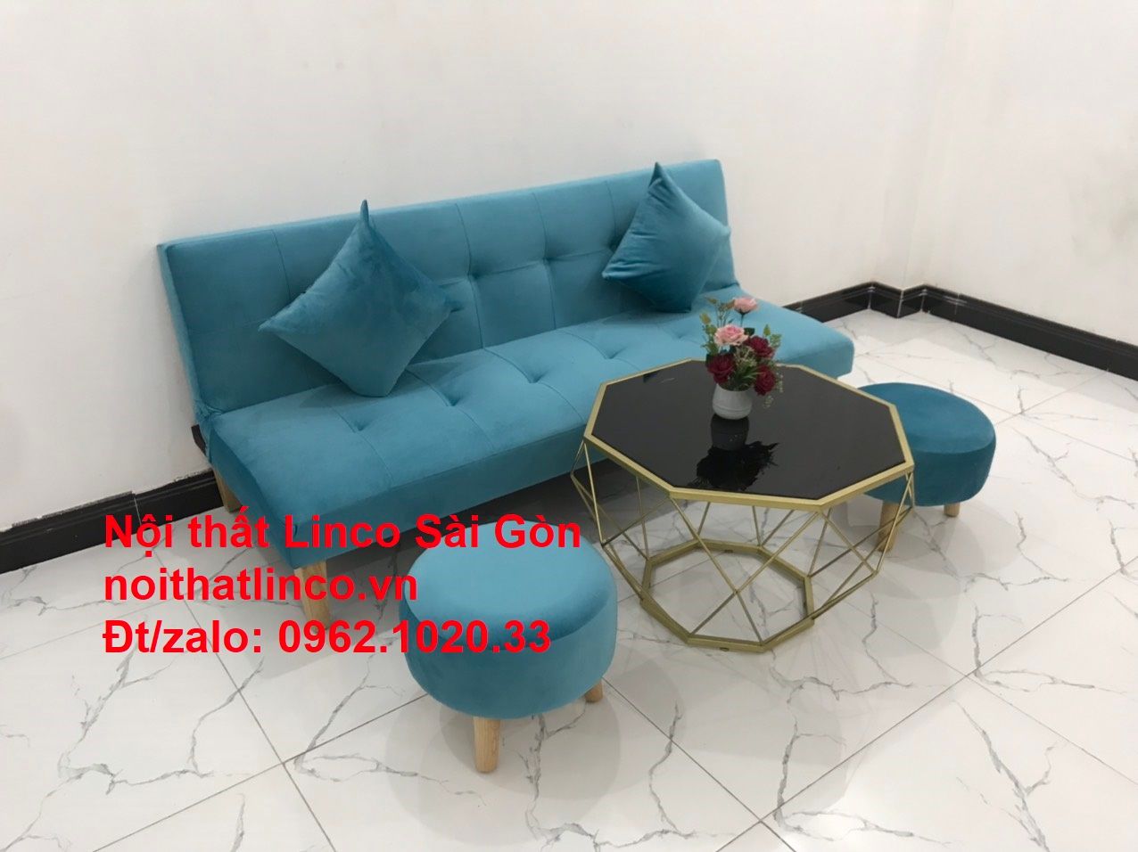 Bộ ghế sopha salon màu xanh nước biển đẹp | Sofa giá rẻ phòng khách | Nội thất Linco Sài Gòn