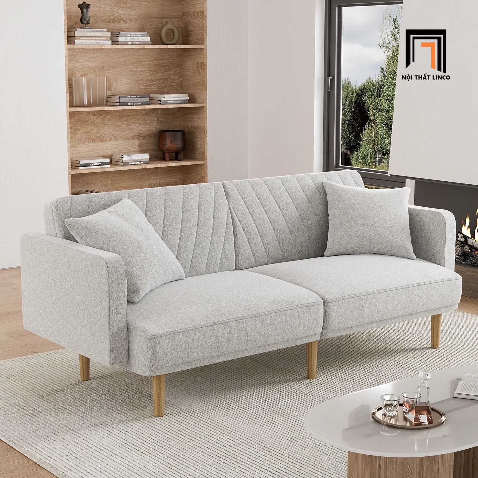 Ghế sofa giường dài 2m GB78 Alcivar vải nhung hồng phấn