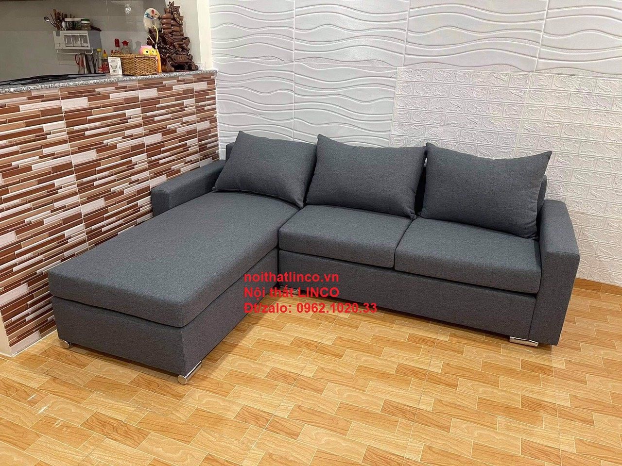 Bộ bàn ghế sofa góc L 2m2 x 1m6 xám đen