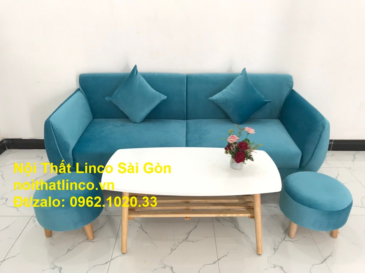 Bộ bàn ghế sofa băng xanh dương nước biển | sopha giá rẻ xanh dương da trời đẹp | ở tại Linco Sài Gòn