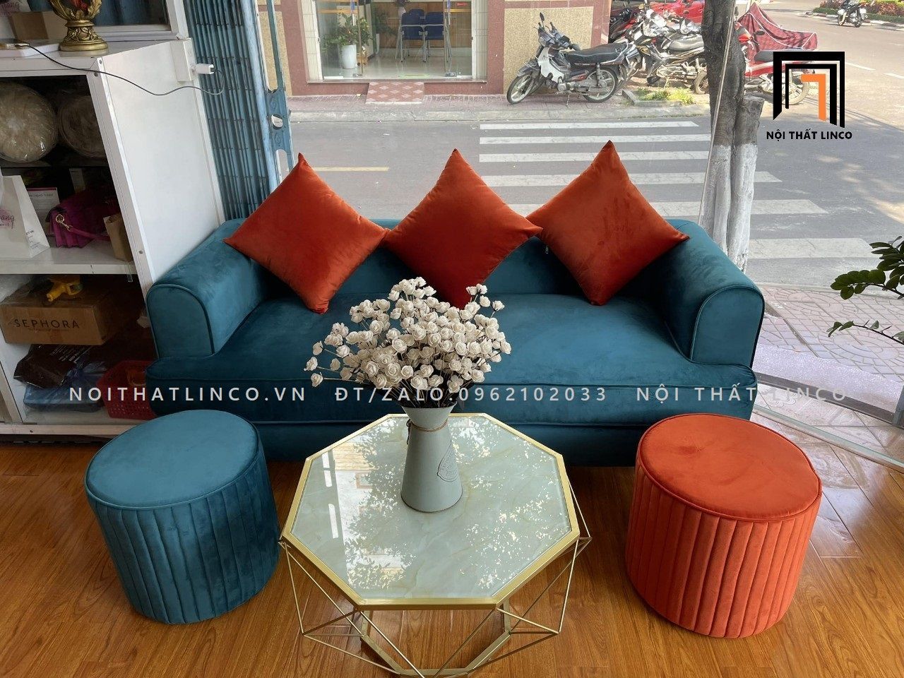Bộ ghế sofa băng xanh lá BT63 Hugen vải nhung nỉ phối màu