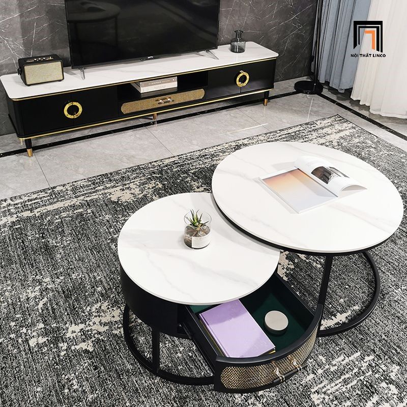Cặp bàn sofa hình tròn sang trọng BSF27 Stalin mặt đá trắng