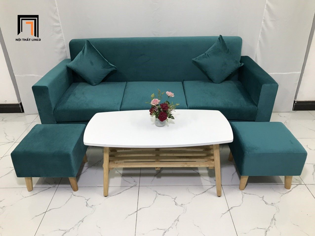 Bộ ghế sofa băng nhỏ gọn NS05 dài 1m9 màu xanh lá vải nhung