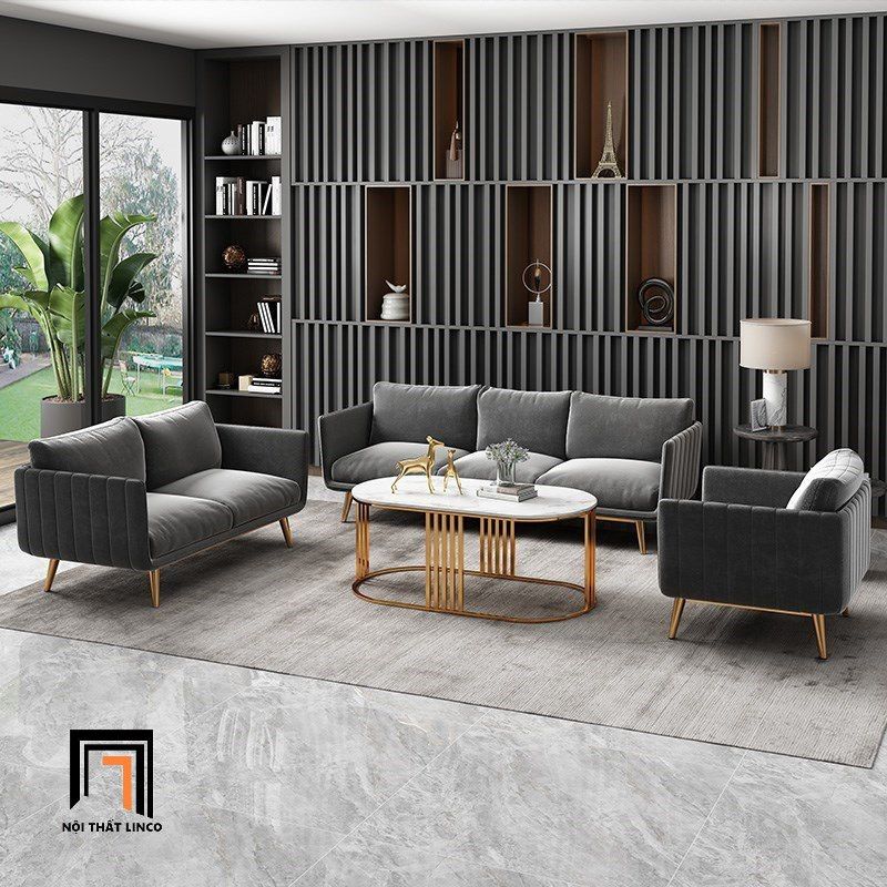 Bộ ghế sofa phòng khách cao cấp KT111 Genlis xám đen vải nhung