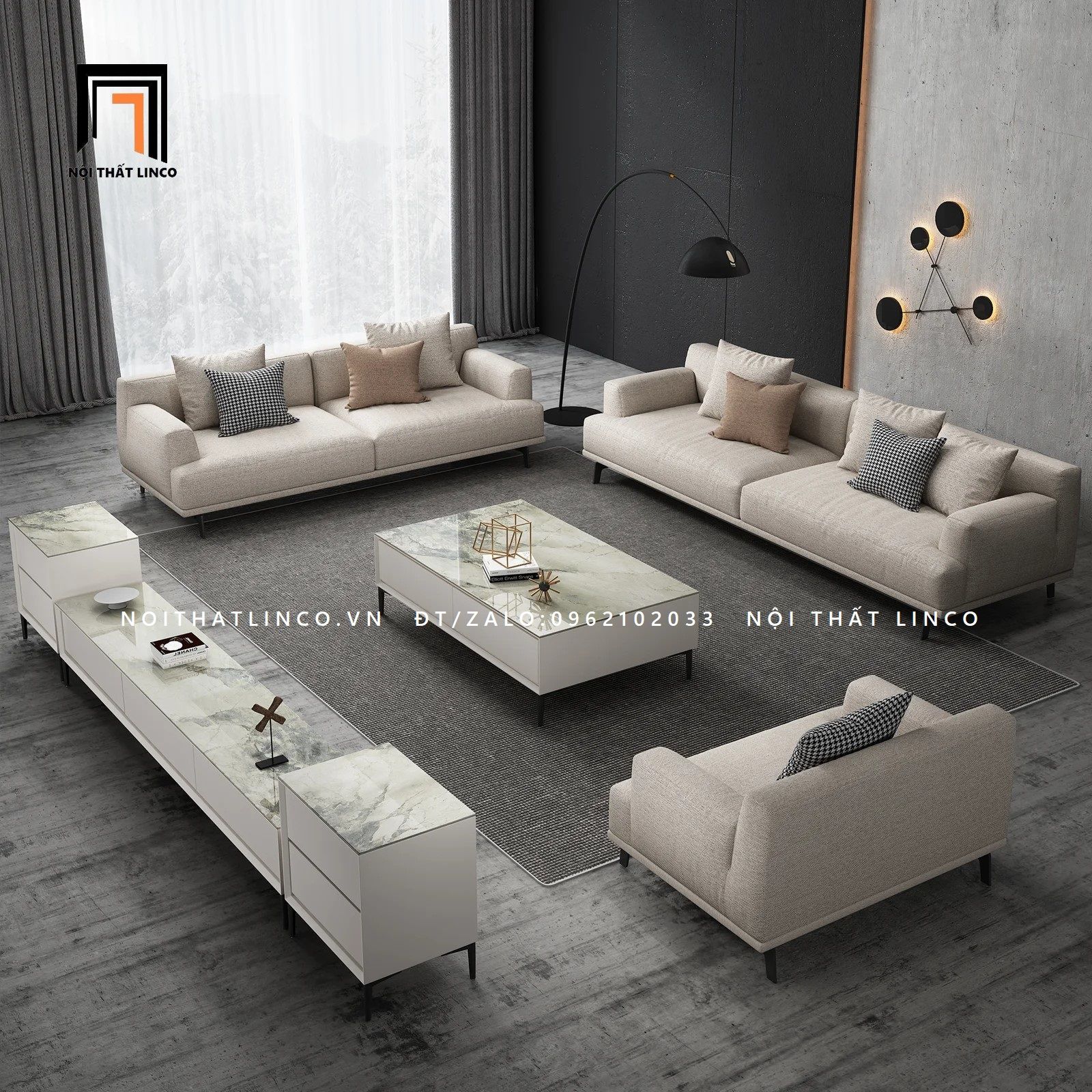 Set ghế sofa phòng khách sang trong KT32 Orren màu trắng kem