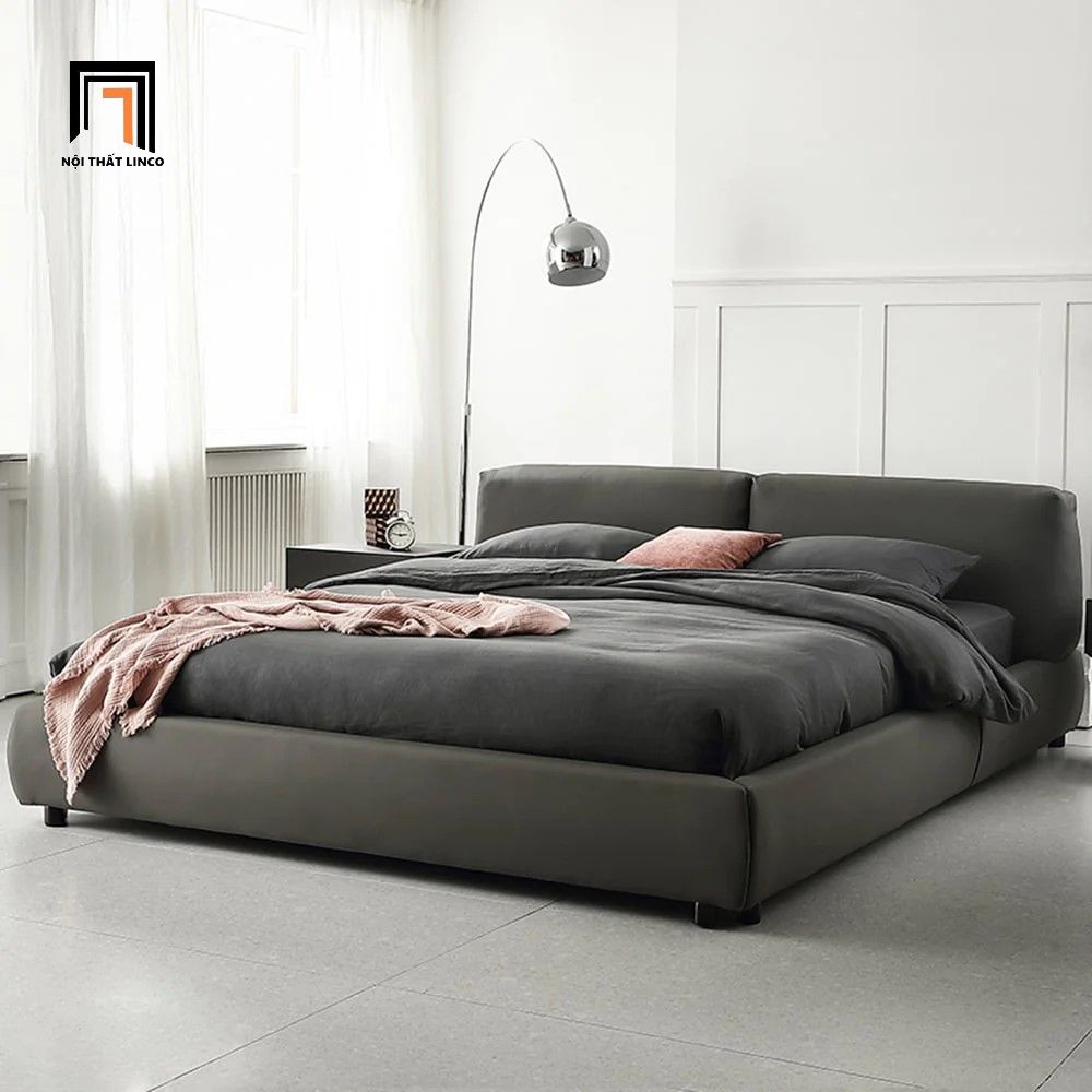 Giường ngủ hiện đại GN40 Harley vải nhung nỉ xám đậm