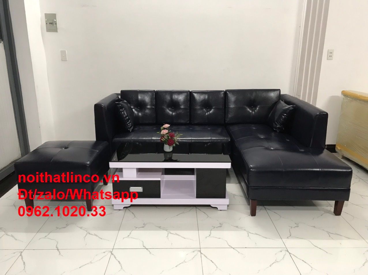 Bộ ghế sofa góc da giả 2m2 x 1m6 màu xanh than