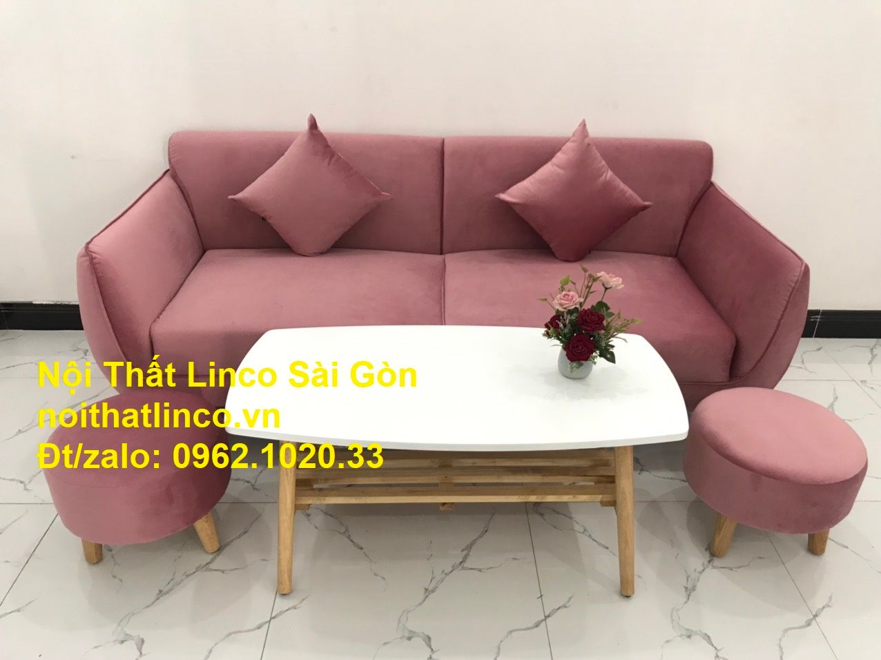 Mẫu sofa băng văng dài 1m9 giá rẻ | so pha Màu hồng phấn cánh sen đẹp ở tại Nội thất Linco Sài Gòn