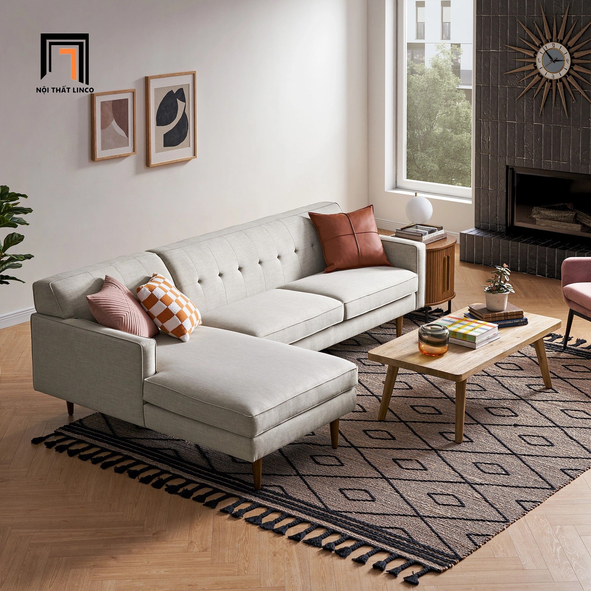 Ghế sofa góc chữ L 2m3 x 1m6 GT203 Elias xám trắng cho chung cư