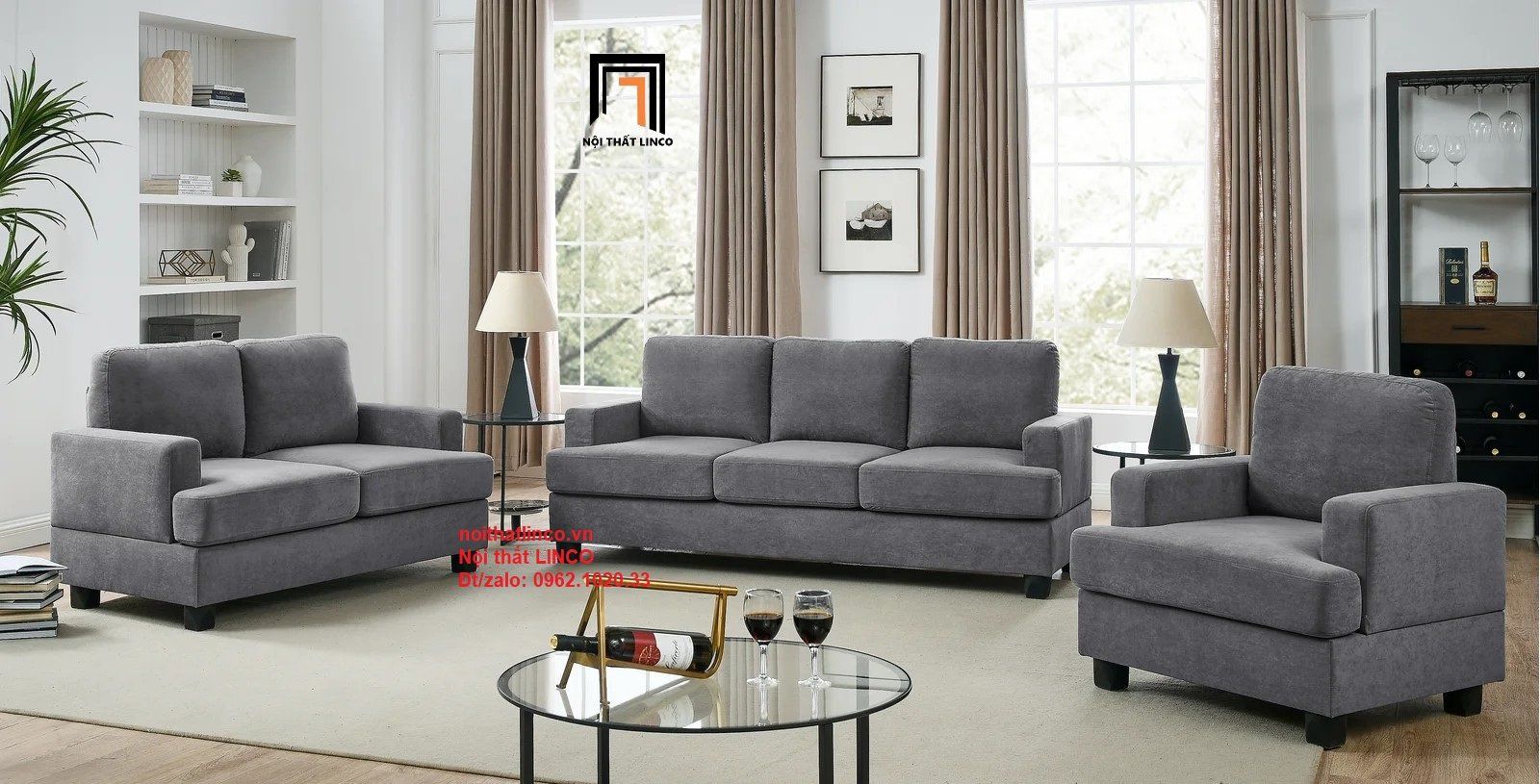 Combo 3 ghế sofa phòng khách PK8 Poll màu xám đen