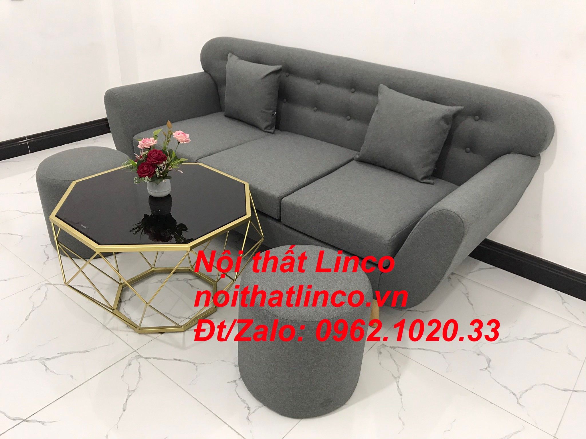 Bộ ghế sofa băng BTC dài 1m9 xám lông chuột vải bố