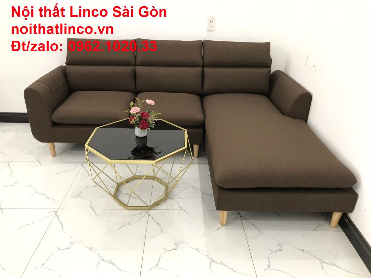 Bộ sofa góc chữ L rẻ | Sofa góc nâu cafe đen đậm giá rẻ đẹp phòng khách | Nội thất Linco HCM Sài Gòn