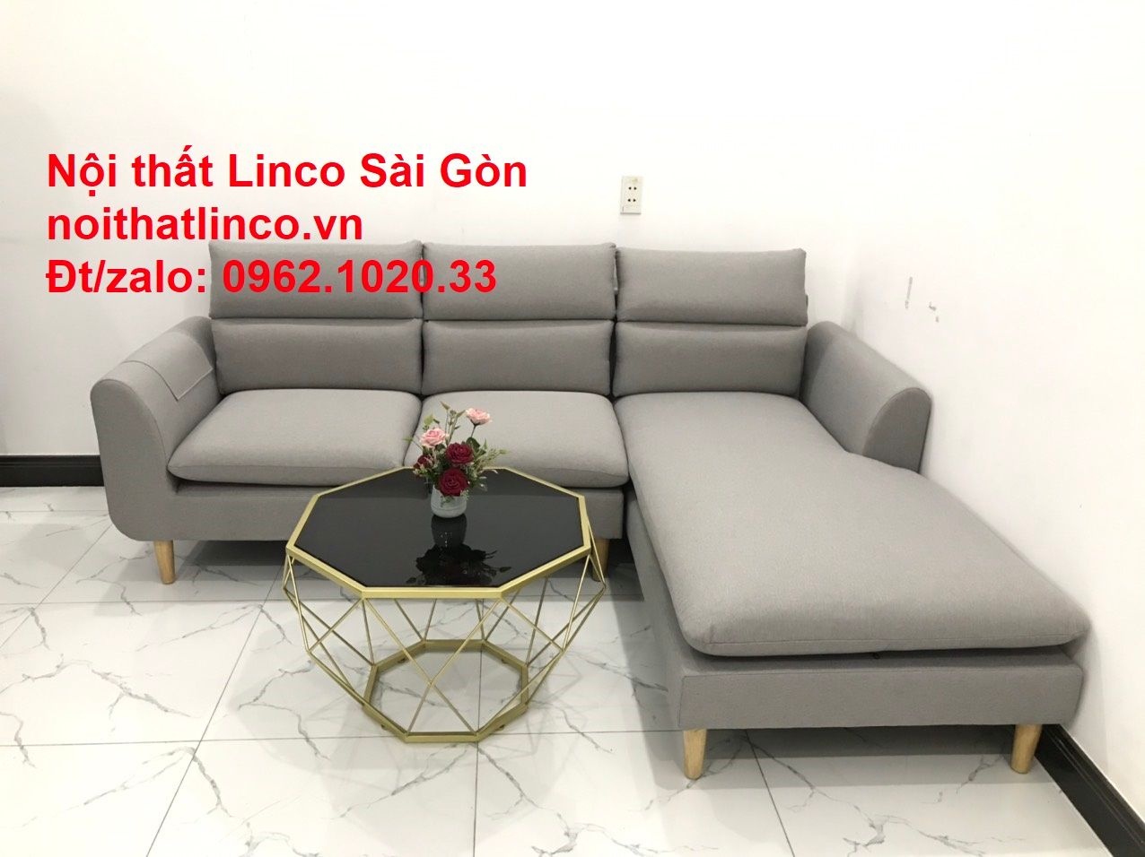Bộ bàn ghế sofa góc chữ L | Salon sopha xám ghi trắng rẻ đẹp dài 2m2 | Nội thất phòng khách Linco Sài Gòn
