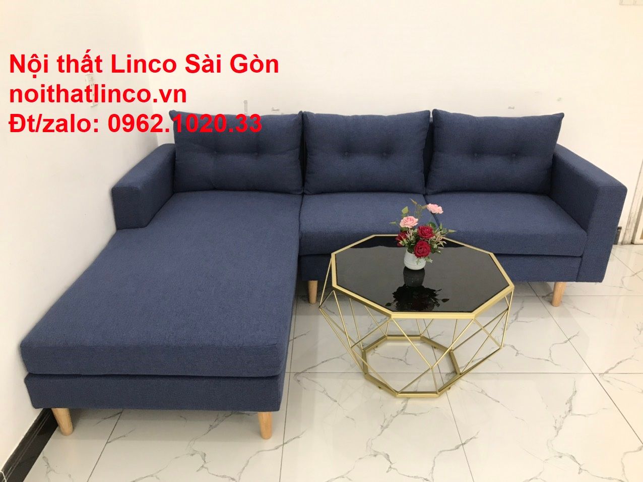 Bộ bàn ghế sofa góc L đẹp, sofa góc dài 2m2 x 1m6 nhỏ giá rẻ xanh dương đen | Nội thất Linco HCM