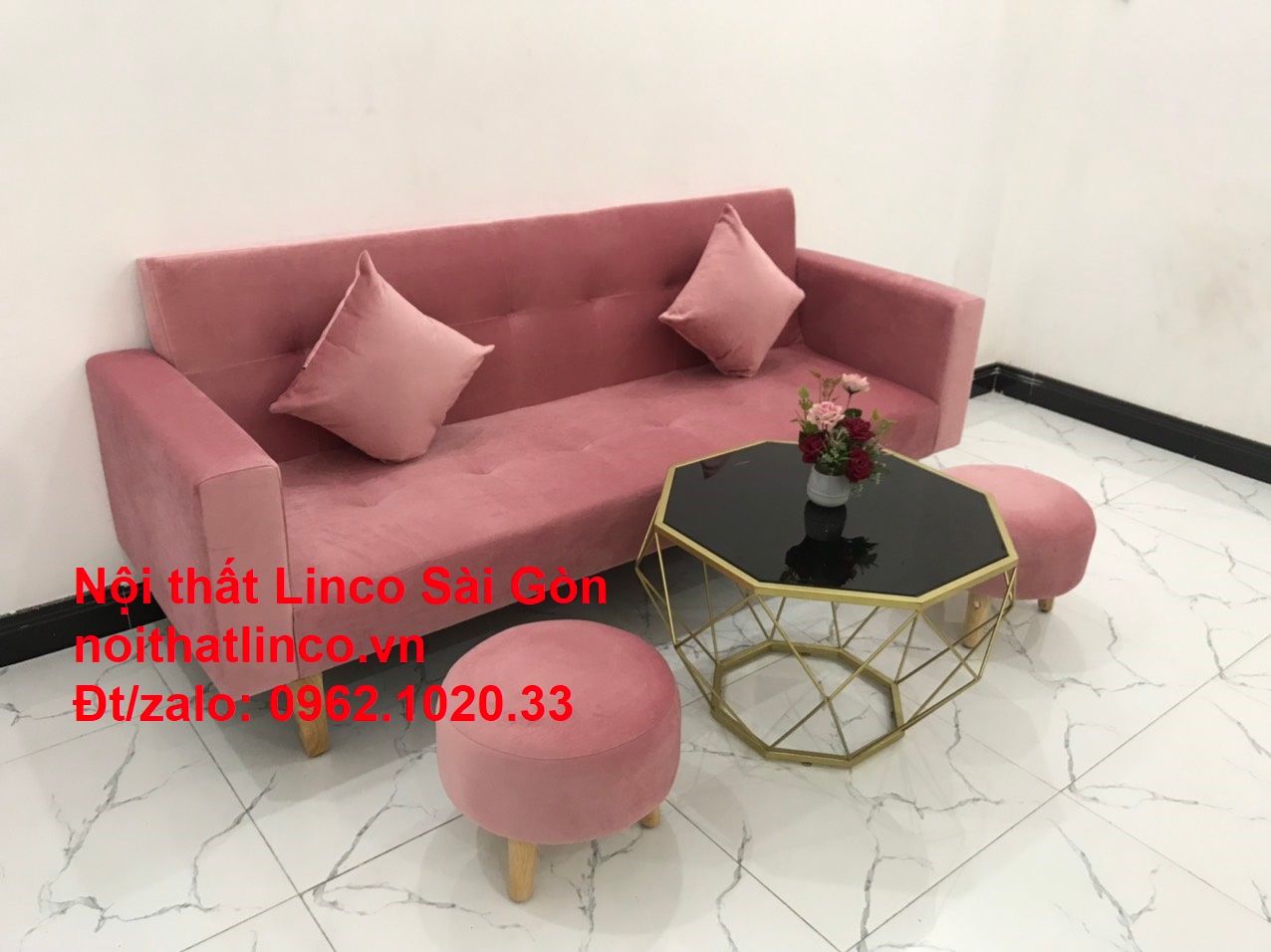 Bộ ghế sofa giường giá rẻ | Salong sopha màu hồng phấn đẹp phòng khách | Nội Thất Linco Sài Gòn