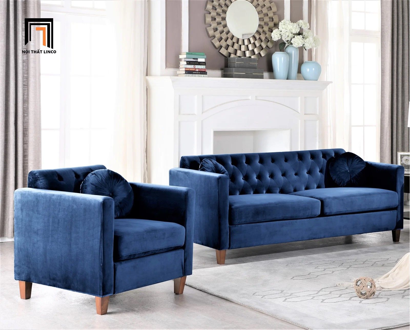 Bộ ghế sofa gia đình hiện đại KT125 Prady xanh lá vải nhung