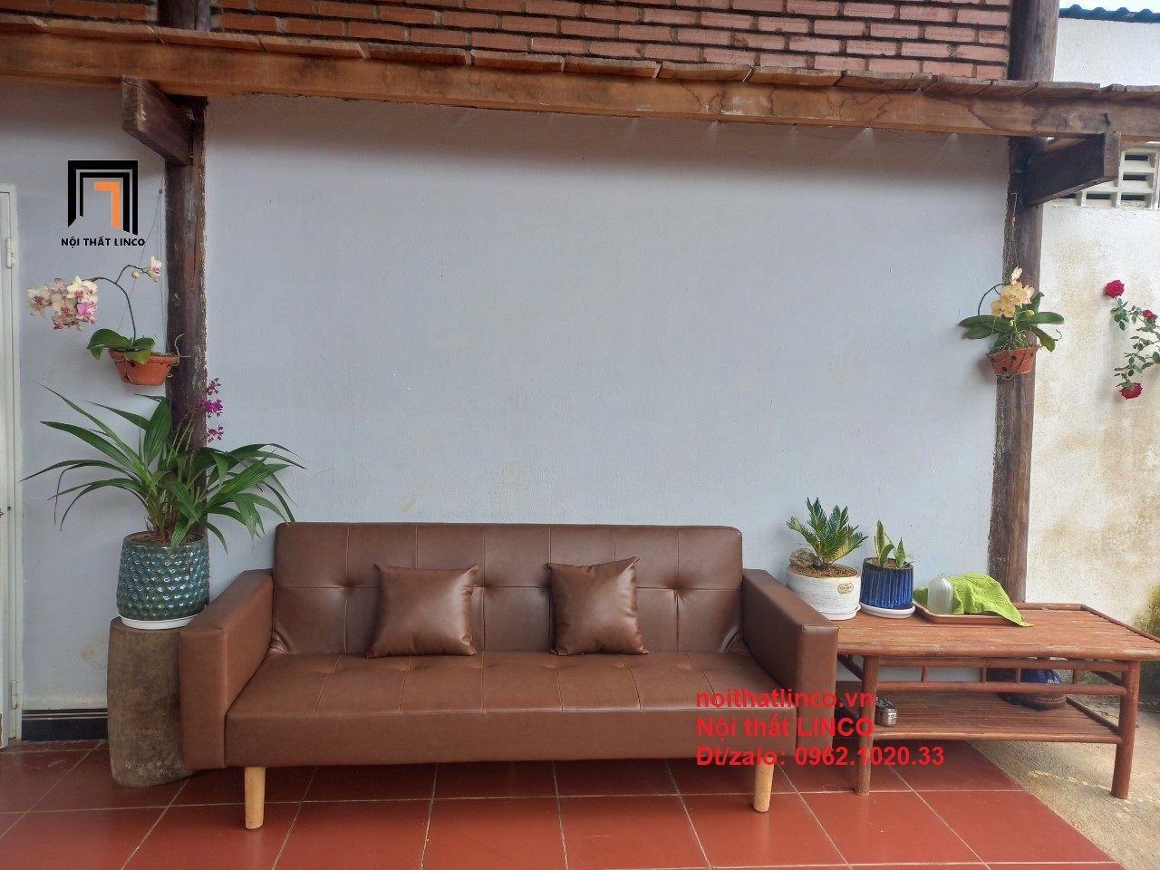 Bộ ghế sofa băng đa năng dài 2m bật giường nằm simili nâu