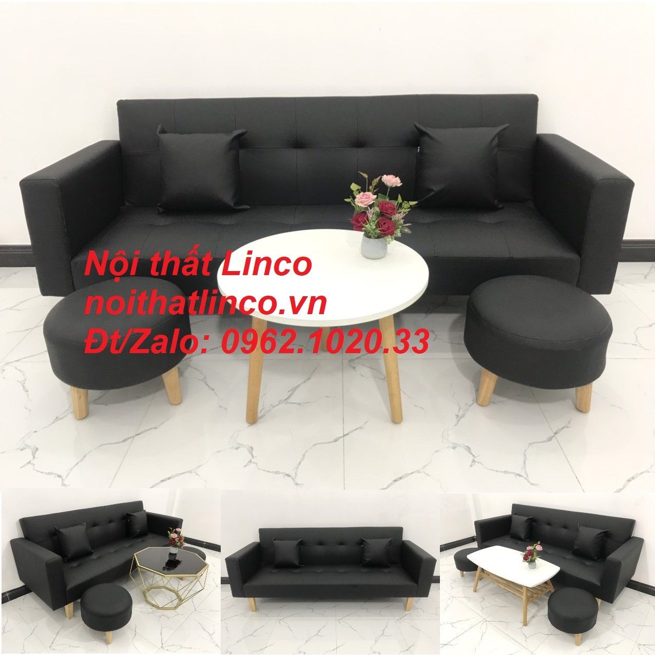 Bộ bàn ghế sofa băng đa năng mini nhỏ simili đen dài 2m