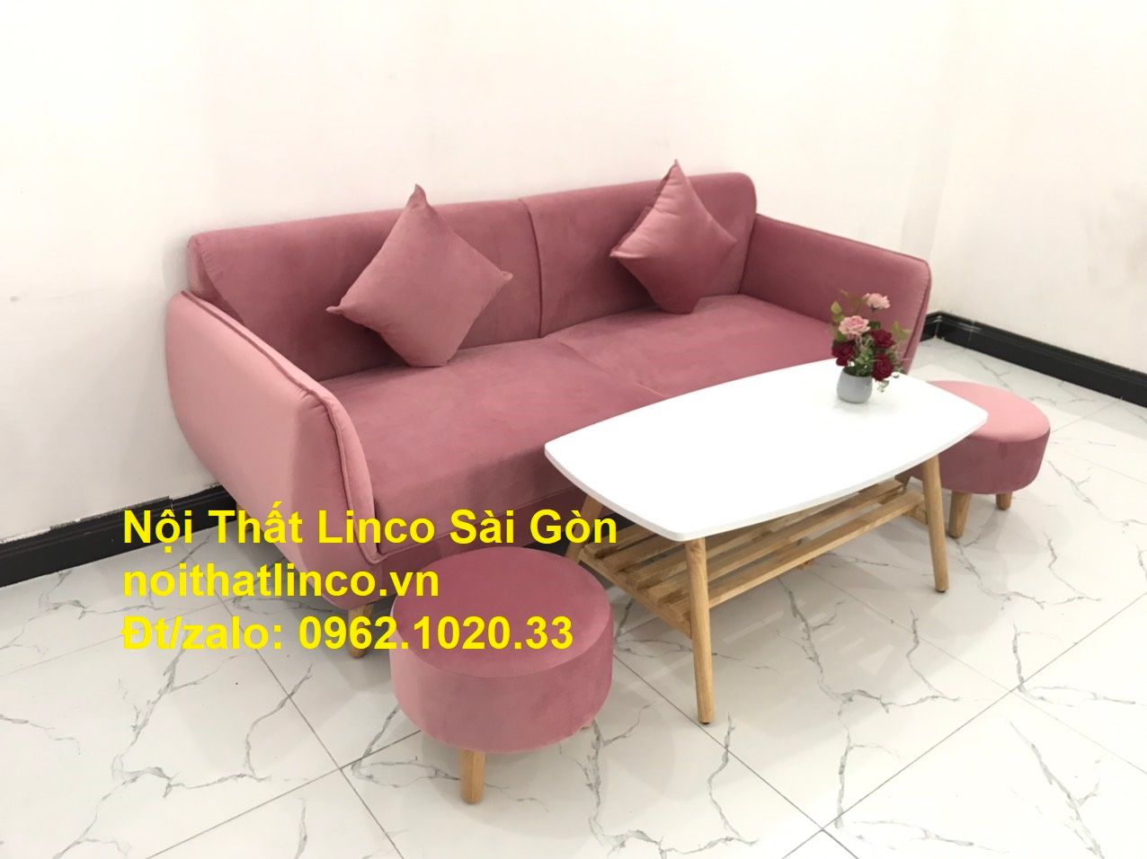 Mẫu sofa băng văng dài 1m9 giá rẻ | so pha Màu hồng phấn cánh sen đẹp ở tại Nội thất Linco Sài Gòn