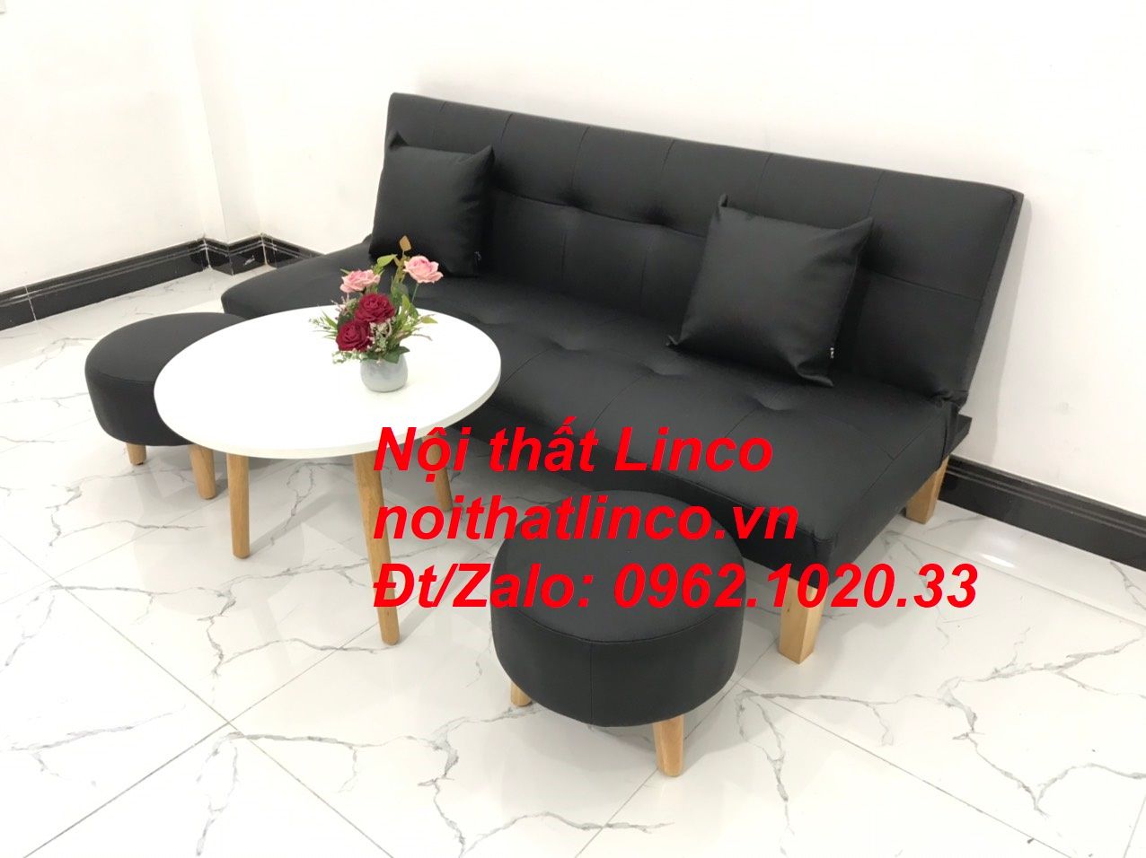 Bộ bàn ghế sofa bed, sofa giường simili đen giá rẻ 1m72