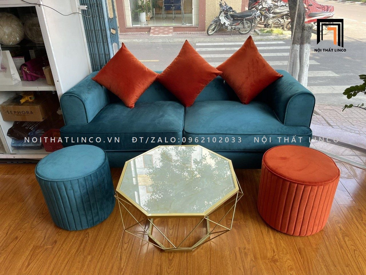 Bộ ghế sofa băng xanh lá BT63 Hugen vải nhung nỉ phối màu