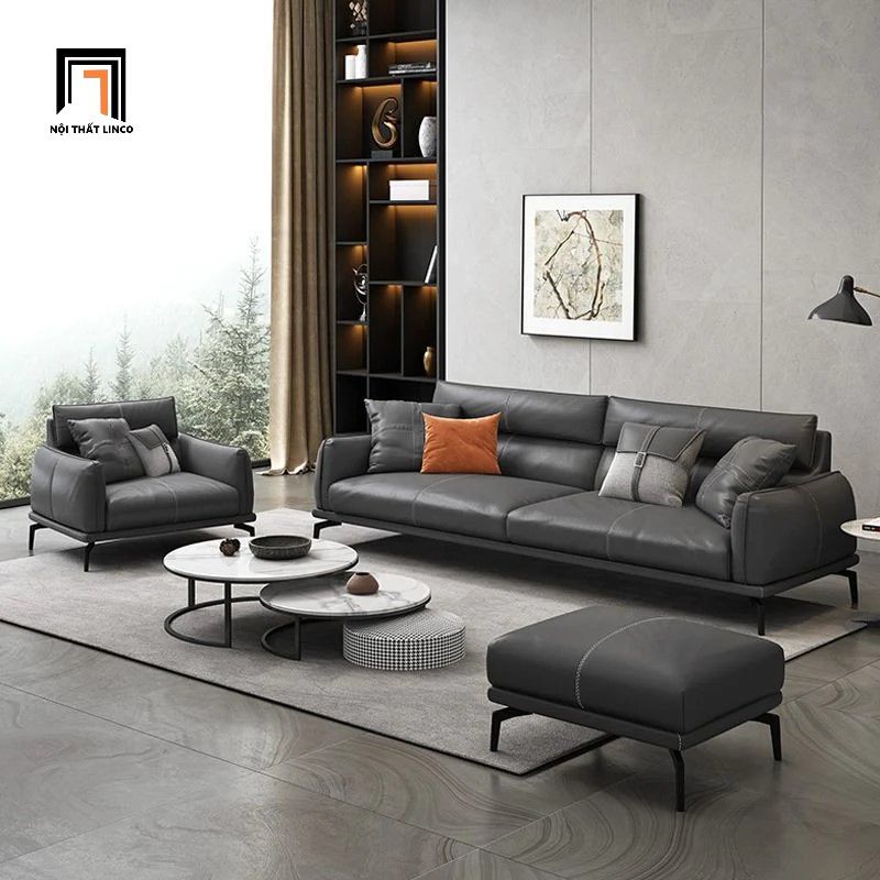 Bộ ghế sofa phòng khách hiện đại KT69 Flamy da giả đen