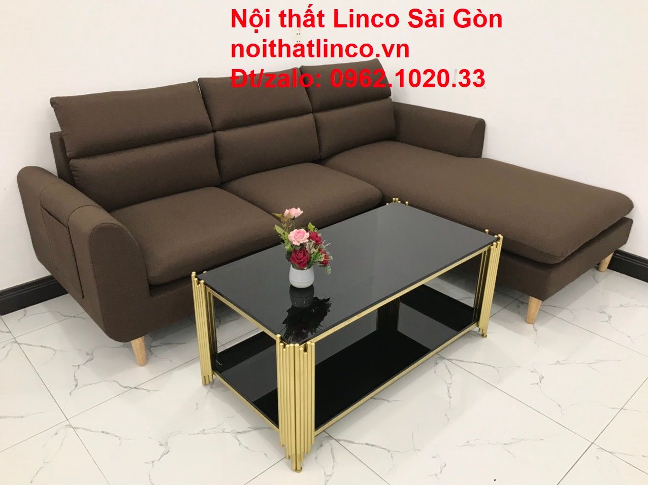 Bộ sofa góc chữ L rẻ | Sofa góc nâu cafe đen đậm giá rẻ đẹp phòng khách | Nội thất Linco HCM Sài Gòn