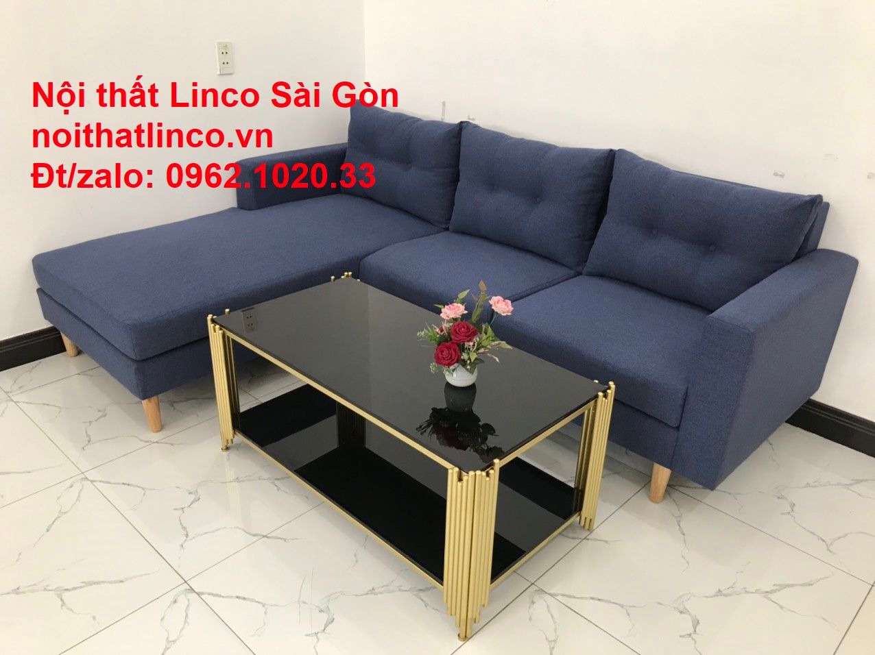 Bộ bàn ghế sofa góc L đẹp, sofa góc dài 2m2 x 1m6 nhỏ giá rẻ xanh dương đen | Nội thất Linco HCM