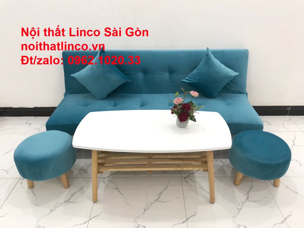 Bộ ghế sopha salon màu xanh nước biển đẹp | Sofa giá rẻ phòng khách | Nội thất Linco Sài Gòn