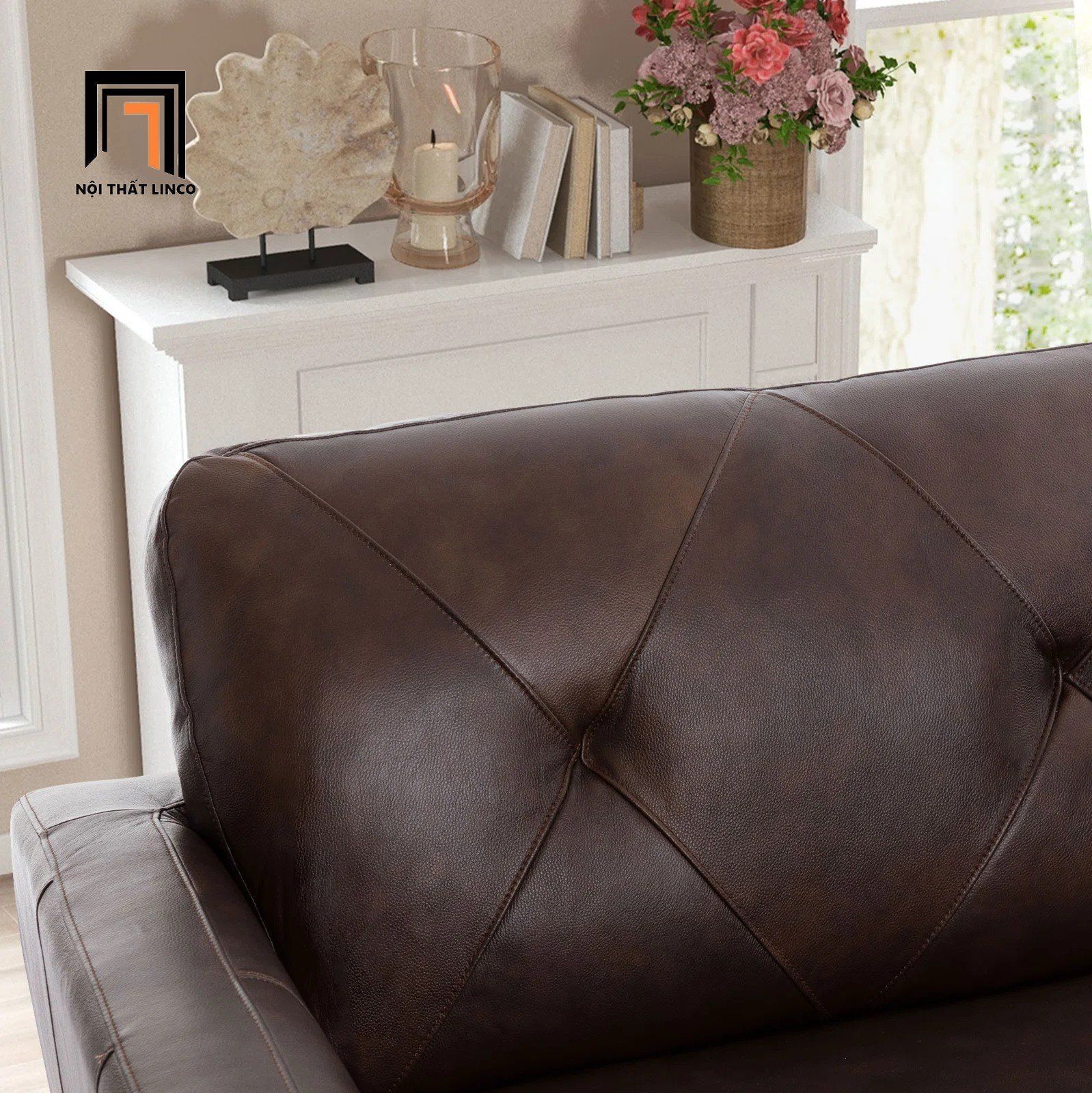 Set ghế sofa phòng khách nâu đậm KT142 Nayelys da Pu mềm