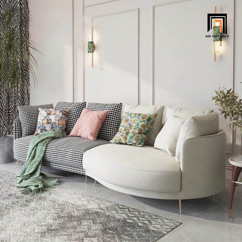 Ghế sofa văng cong dài 2m6 BT251 Shelby vải nỉ nhung cho shop tiệm