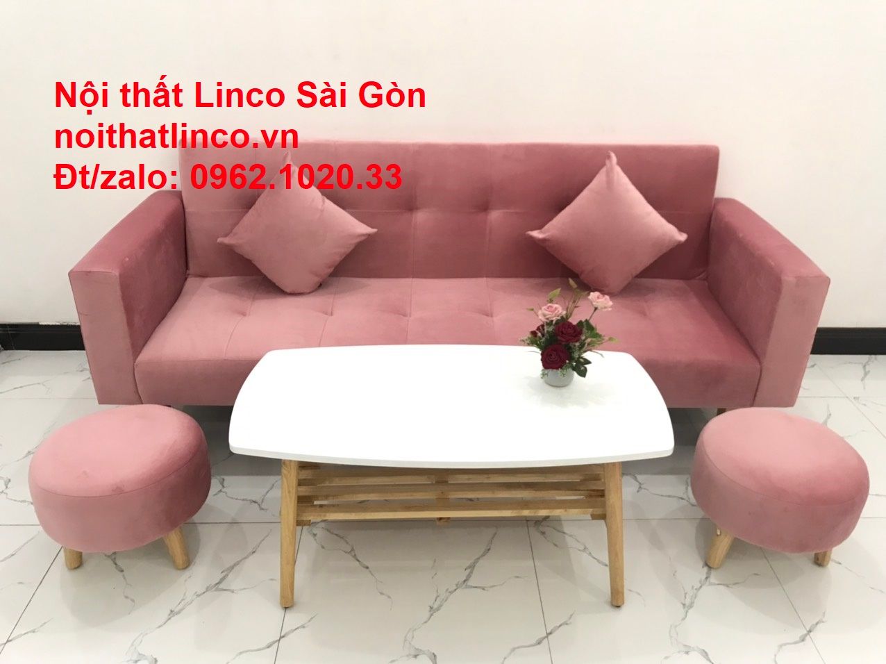 Bộ ghế sofa giường giá rẻ | Salong sopha màu hồng phấn đẹp phòng khách | Nội Thất Linco Sài Gòn