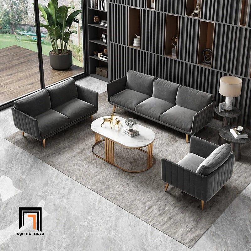 Bộ ghế sofa phòng khách cao cấp KT111 Genlis xám đen vải nhung