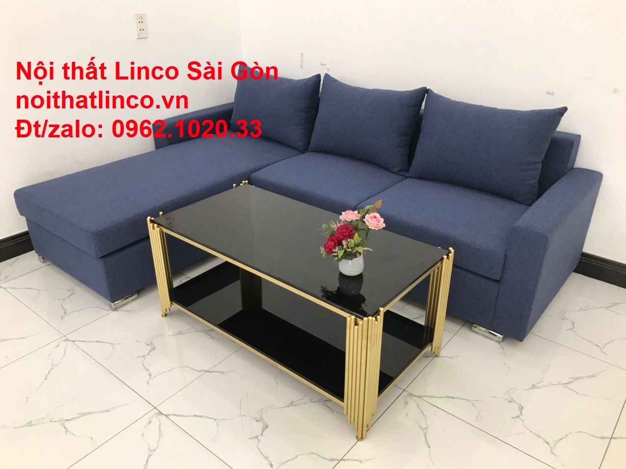 Bộ bàn ghế sofa góc L đẹp, sofa góc dài 2m2 nhỏ rẻ xanh dương đen | Nội thất Linco Tphcm