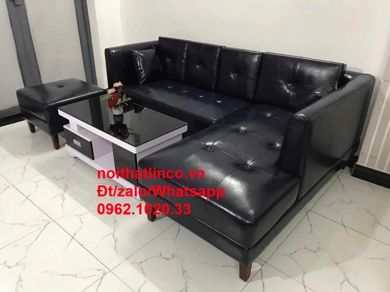 Bộ ghế sofa góc da giả 2m2 x 1m6 màu xanh than