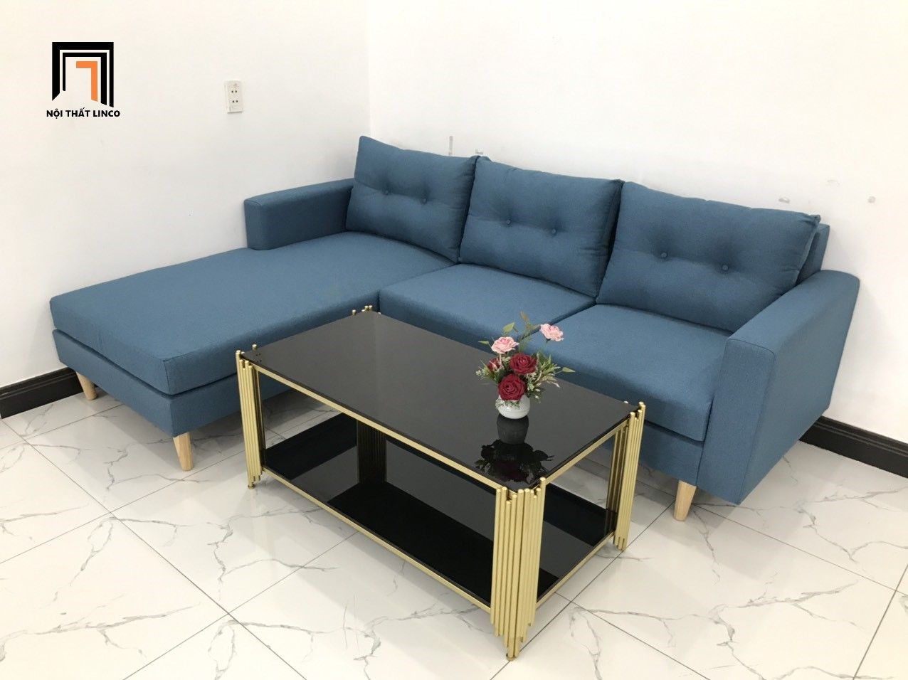 Bộ ghế sofa góc chữ L xanh dương 2m2 x 1m6 cho không gian nhỏ