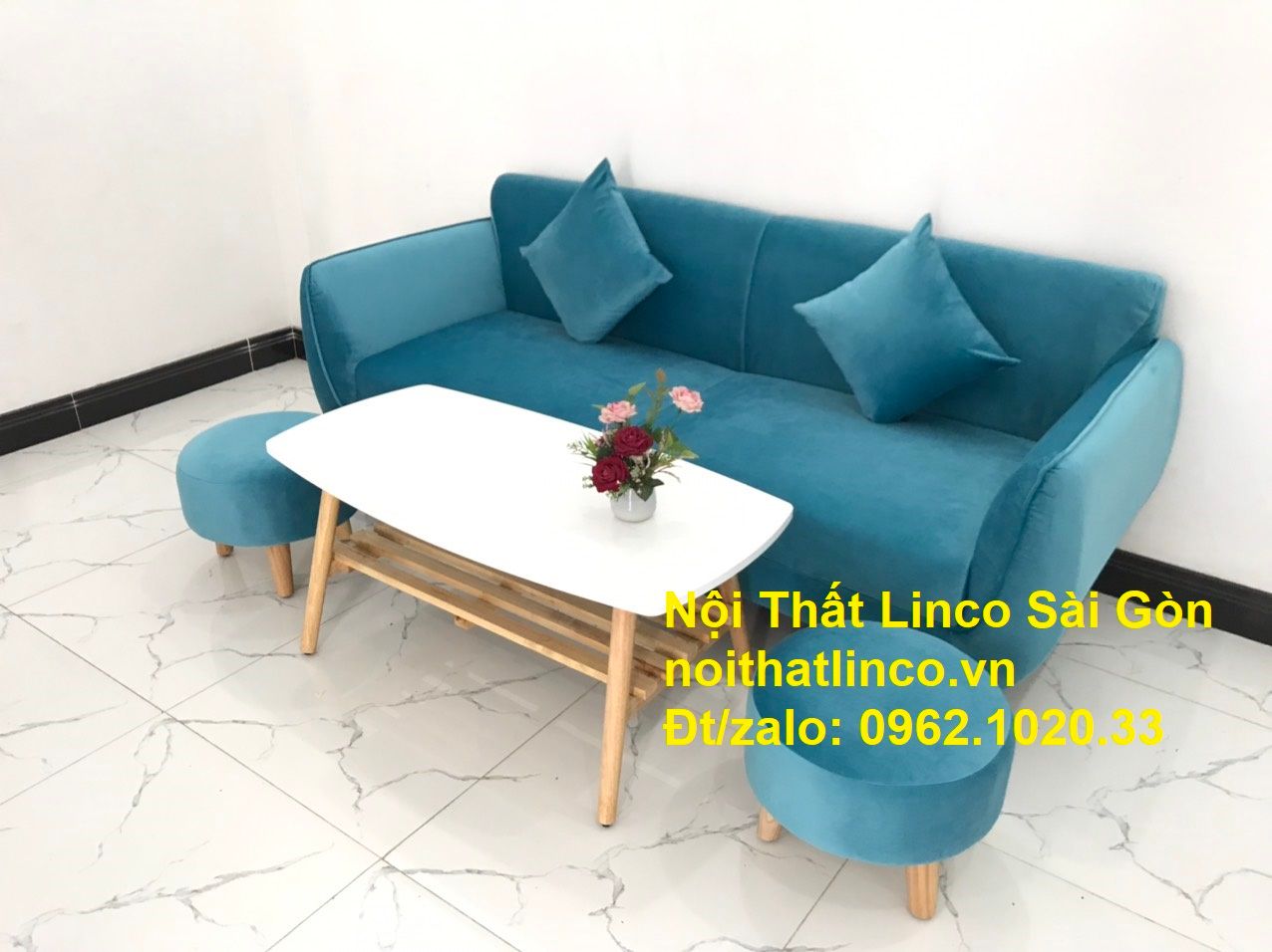 Bộ bàn ghế sofa băng xanh dương nước biển | sopha giá rẻ xanh dương da trời đẹp | ở tại Linco Sài Gòn