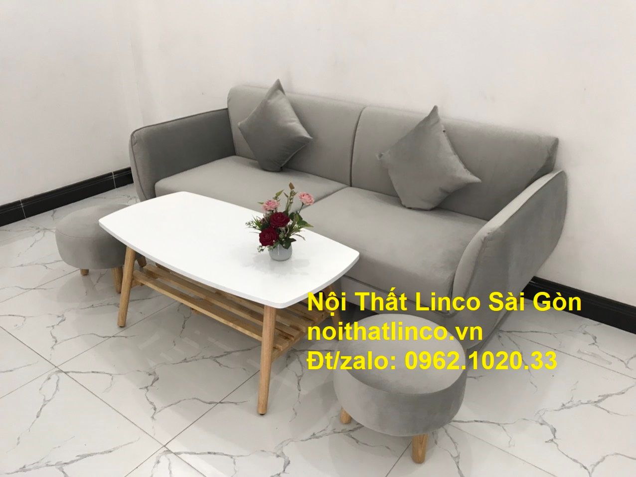 Bộ ghế salong băng dài 1m9 đẹp | Sofa văng xám lông chuột giá rẻ | Nội thất Linco Sài Gòn