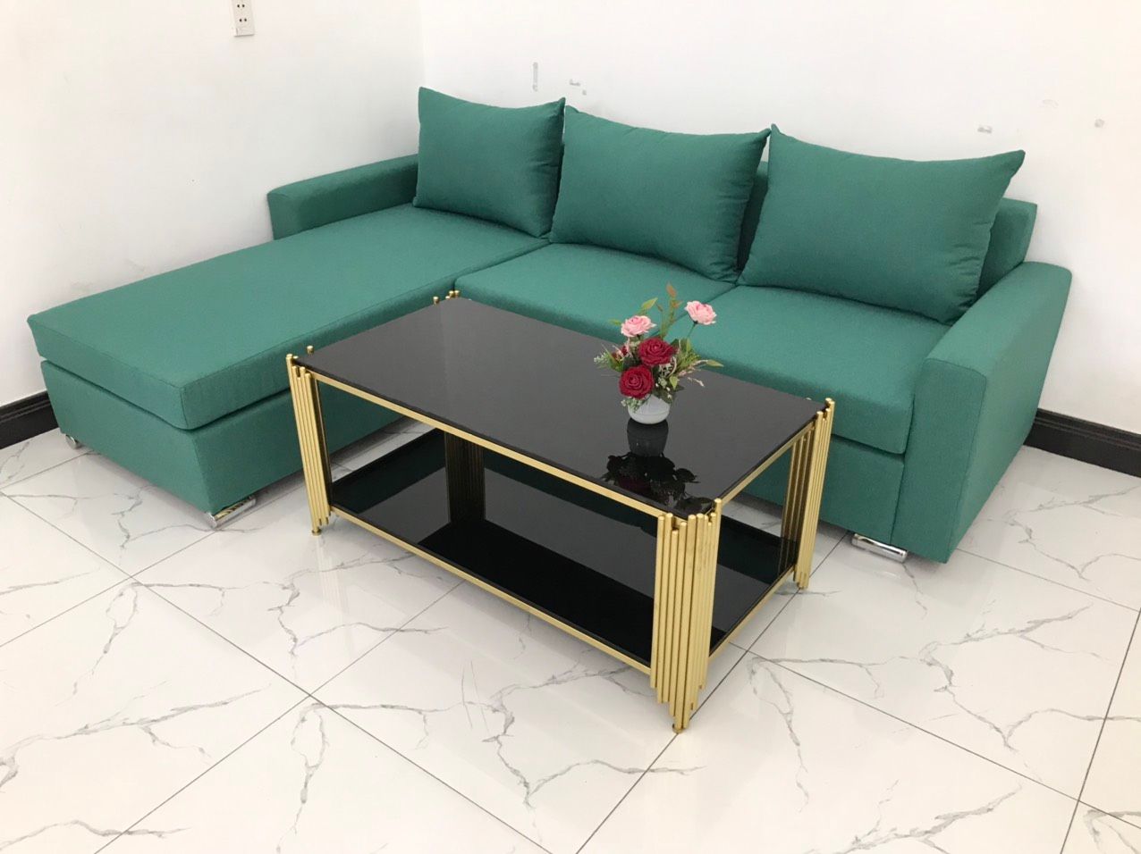 Bộ ghế sofa góc giá rẻ 2m2 x 1m6 màu xanh ngọc vải nỉ bố